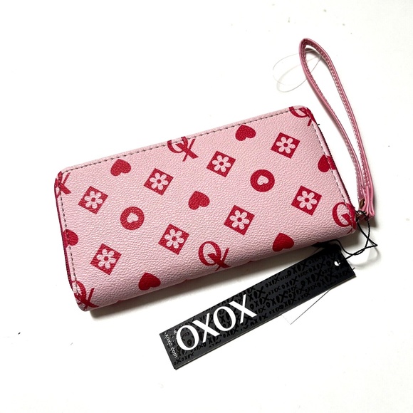 XOXO Pink Graphic Long Wallet Wristlet Hearts Flowers Faux Leather - Picture 4 of 5